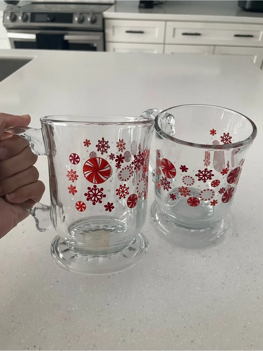 Pier 1 Christmas Peppermint Snowflake Glass Mugs Set of 2 Holiday Footed Cups